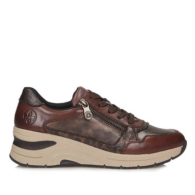 Sneakersy damskie Rieker N9301-27 brązowe sznurowane na koturnie skórzane