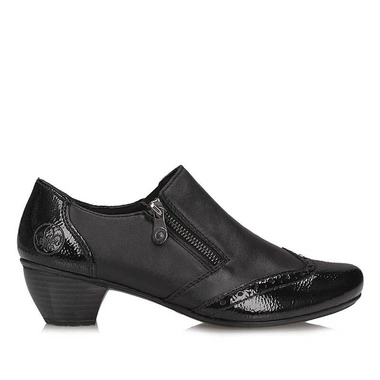 Półbuty damskie Rieker 41757-00 BLACK czarne skórzane zapinane na zamek na obcasie