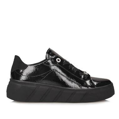 Sneakersy damskie Rieker W2601-00 czarne sznurowane lakierowane na platformie skórzane